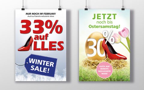 Poster für das Schuhgeschäft von Frajer zum Thema "Wintersale" und "Osterrabatt".